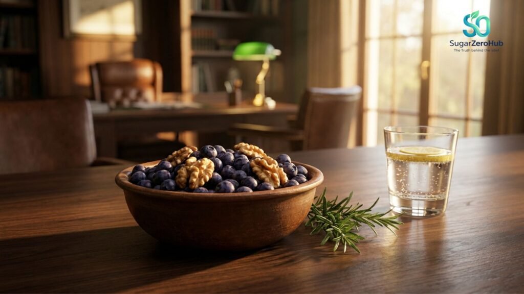 A high-quality, whole photograph of wild blueberries and walnuts, symbolizing the nutrition needed to boost BDNF and brain health.
