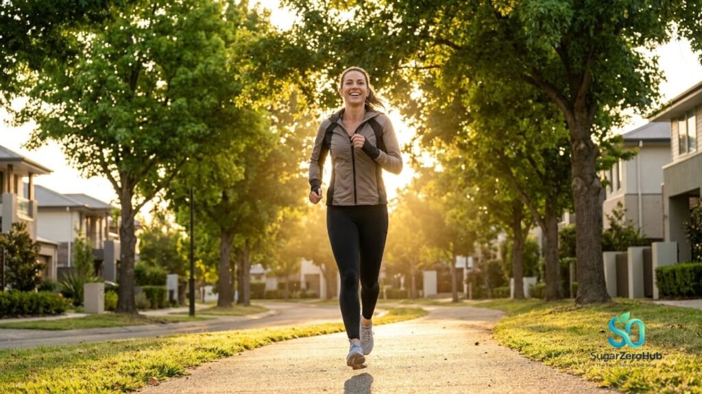 A high-quality lifestyle photograph of a person walking during sunset, illustrating the 10-minute post-meal walk to control blood sugar and prevent diabetes.