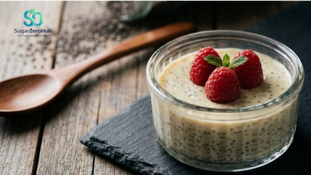A high-quality, whole photograph of a creamy vanilla chia pudding with raspberries, representing a healthy, low-glycemic dessert for blood sugar control.