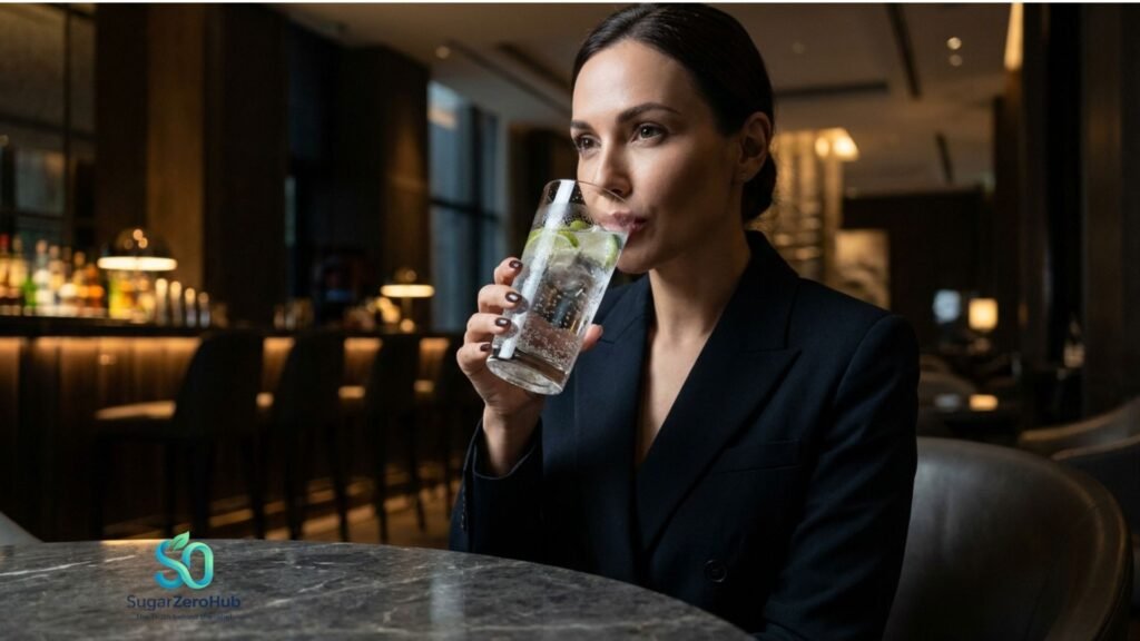 A high-quality, whole photograph of sparkling mineral water with lime in a crystal glass, representing a healthy alternative to diet sodas for insulin control.