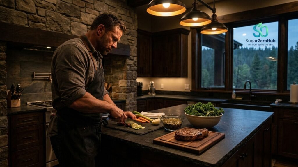 A high-quality photograph of a fit man preparing a zinc-rich meal with steak and pumpkin seeds to boost testosterone and control insulin.
