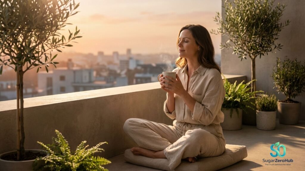 A high-quality lifestyle photograph of a calm woman enjoying morning sunlight, representing the lifestyle habits needed to lower cortisol and blood sugar.