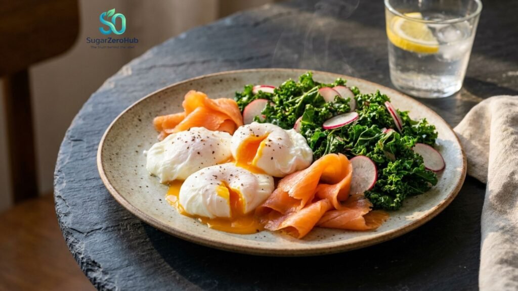 A high-quality, whole photograph of a high-protein breakfast with poached eggs and salmon, representing the ideal meal to stimulate glucagon and weight loss.