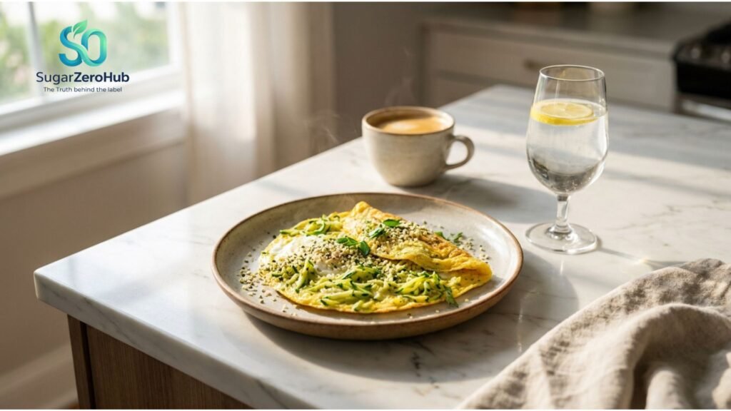 A high-quality, whole photograph of a healthy savory breakfast skillet with zucchini and a glass of lemon water, illustrating the perfect morning routine for blood sugar control.