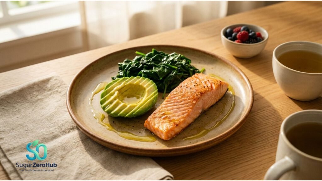 A high-quality photograph of a healthy meal with avocado, spinach, and salmon, illustrating essential nutrients for senior brain health.