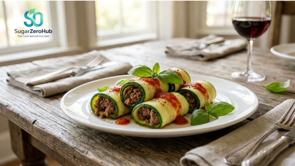 A high-quality photograph of low-carb zucchini beef rolls, illustrating a diabetes-prevention meal for seniors.