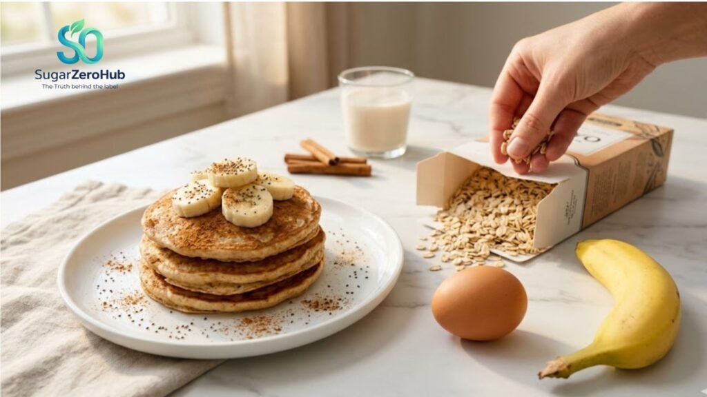 A high-quality photograph of healthy banana and oat pancakes with chia seeds, illustrating a high-fiber breakfast for stable energy.