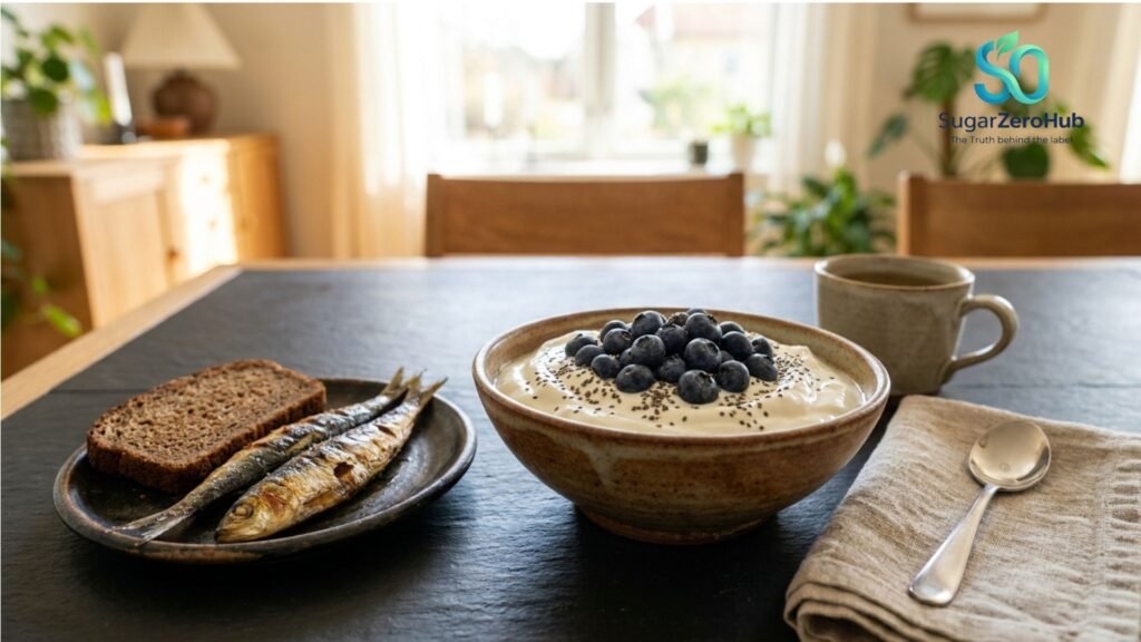 A high-quality photograph of a healthy breakfast bowl with Greek yogurt, chia seeds, and sardines, illustrating synergistic foods for senior bone health.