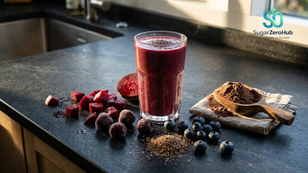 A high-quality photograph of a dark red beet and berry men's health smoothie with chocolate whey protein and flaxseed.
