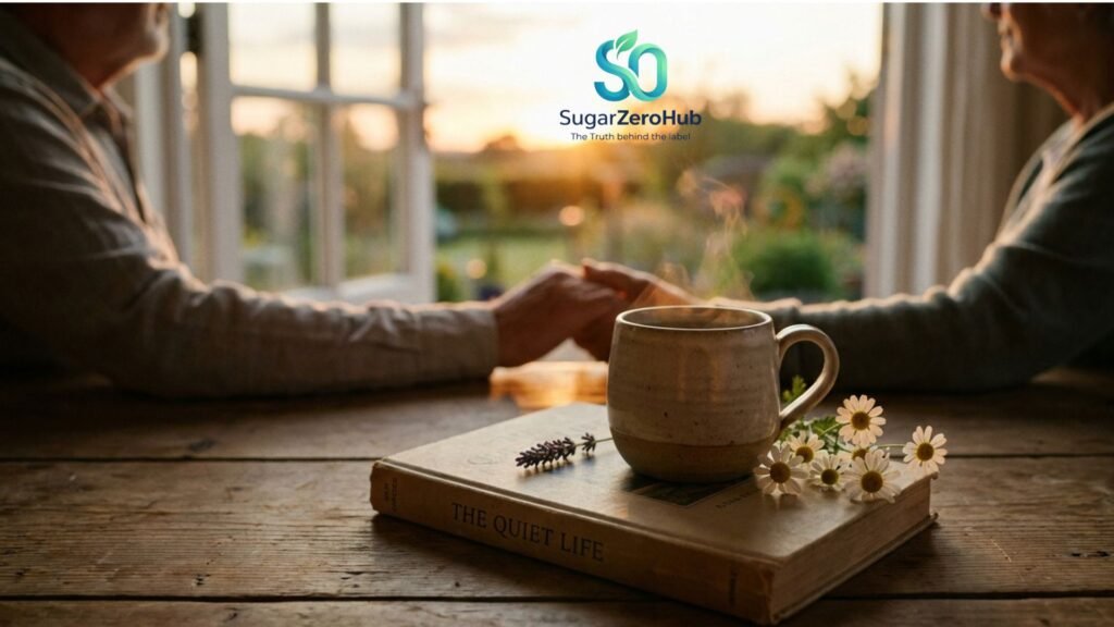 A high-quality photograph of a warm cup of chamomile tea on an open book, illustrating a relaxing lifestyle routine for stress relief.
