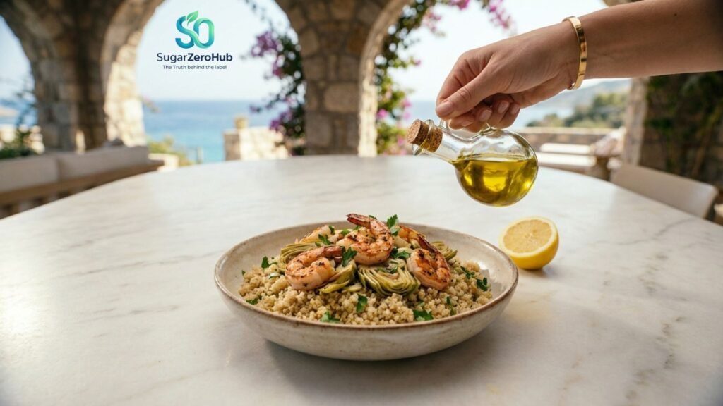 The Metabolic Anchor: Why Seniors Need More Protein for Healthy Weight Loss A high-quality photograph of a Mediterranean Quinoa and Shrimp bowl, illustrating healthy weight loss for seniors.