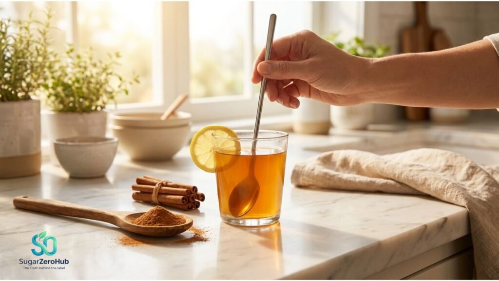 A glass of apple cider vinegar and Ceylon cinnamon morning drink on a marble counter, illustrating a natural blood sugar control routine.