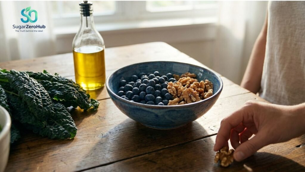 A collection of brain-healthy foods including blueberries, walnuts, and olive oil on a wooden table, representing the MIND diet.