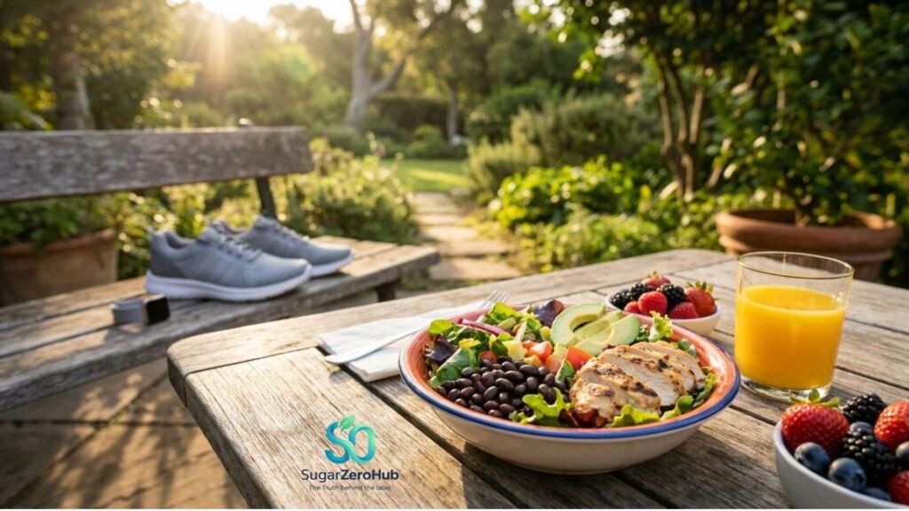 A healthy Mediterranean power bowl and walking shoes, illustrating the lifestyle goals of the CDC diabetes prevention program.