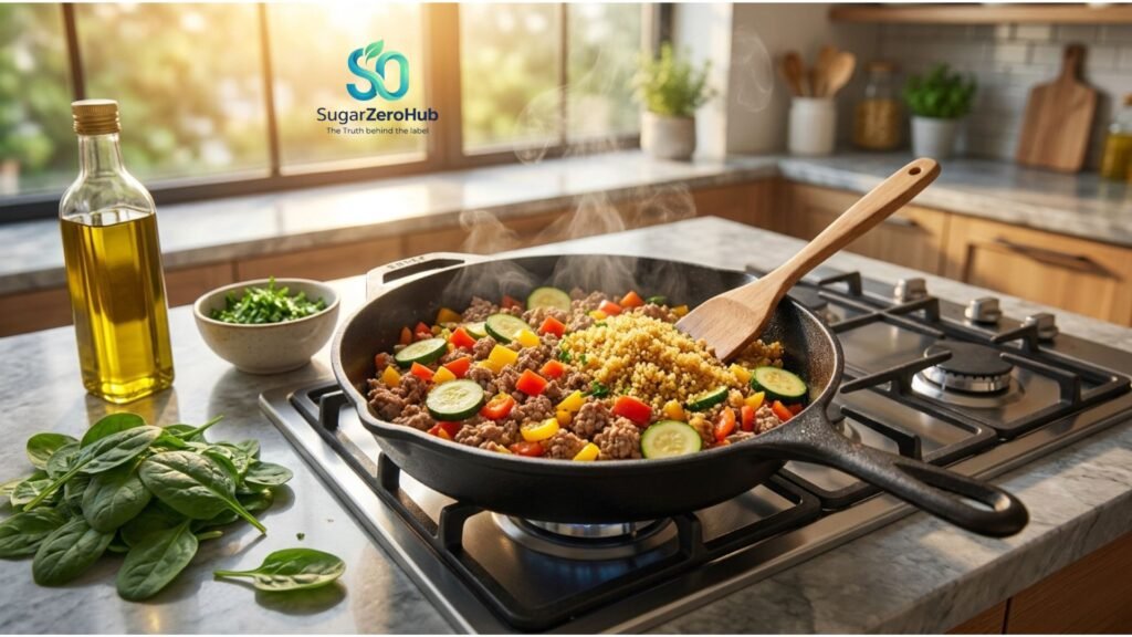 A hot cast iron skillet cooking lean turkey, quinoa, and vegetables, representing a 15-minute healthy recipe program.