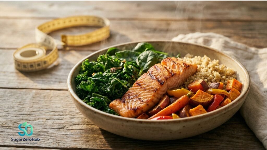 The Hidden Dangers of Fad Diets: Why Severe Restriction Destroys Senior Metabolism A balanced, nutrient-dense salmon and quinoa bowl with a measuring tape tossed aside, representing freedom from restrictive fad diets.