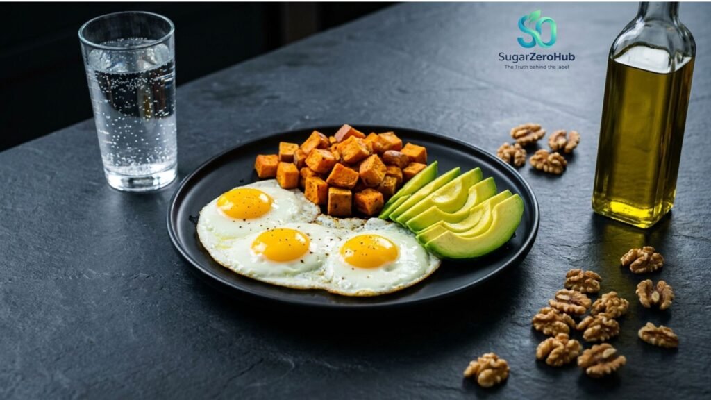 A healthy, protein-rich breakfast with eggs, sweet potato, and avocado, illustrating a daily nutrition guide for men.