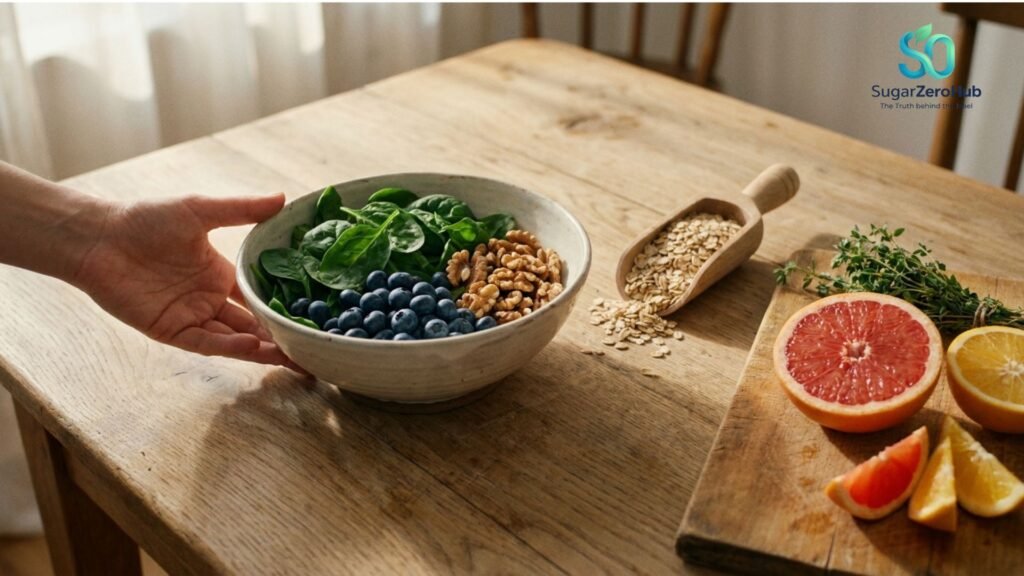 A collection of stress-relieving foods including spinach, blueberries, walnuts, and oats on a wooden table.