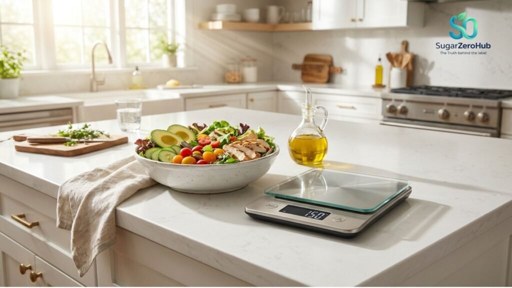 The Sustainable Deficit: How to Lose Weight Safely Without Starving A large, healthy high-volume chicken and avocado salad next to a kitchen scale, representing a sustainable calorie deficit for weight loss.