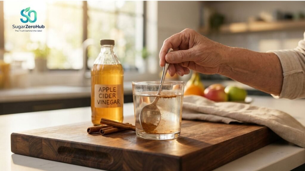 A senior's hand stirring a glass of water with cinnamon and apple cider vinegar on a kitchen counter in morning light, illustrating a natural blood sugar control routine.