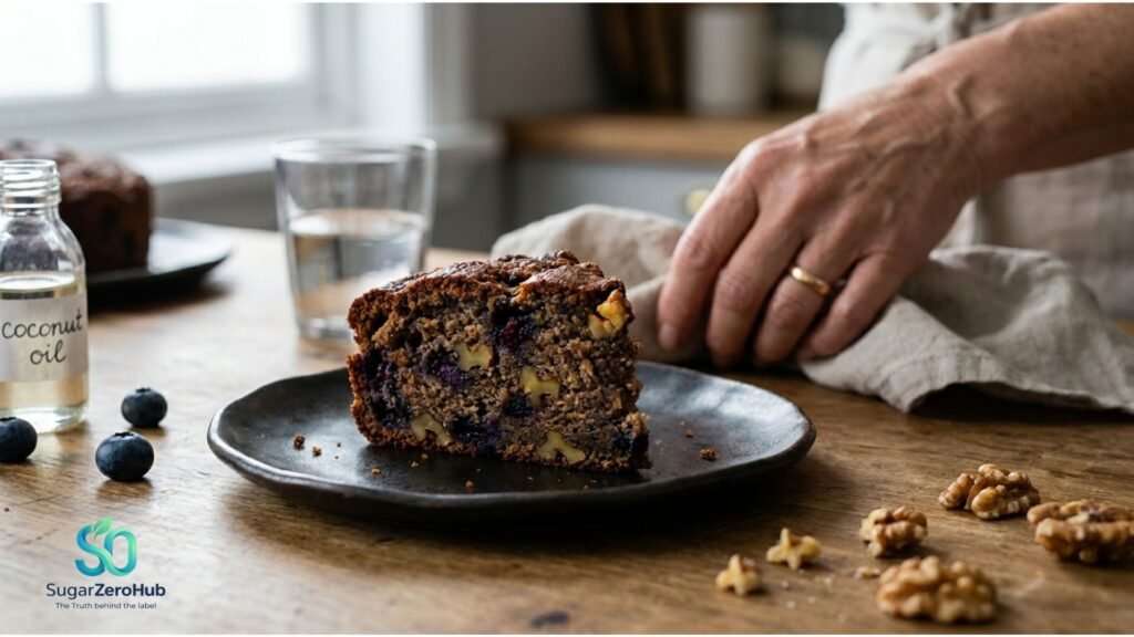 A moist slice of freshly baked, sugar-free blueberry and walnut 'Memory Cake' on a premium plate, illustrating a healthy brain-boosting snack.