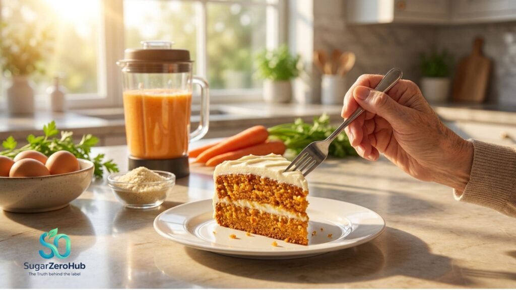 A slice of fluffy, low-carb blender carrot cake on a plate in a sunny kitchen, representing a healthy dessert for diabetes prevention.