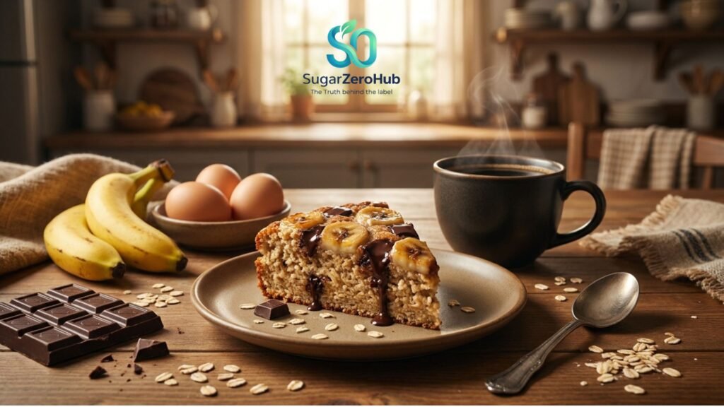 A slice of healthy, sugar-free blender banana oat cake topped with melting 70% dark chocolate, served with a cup of coffee.