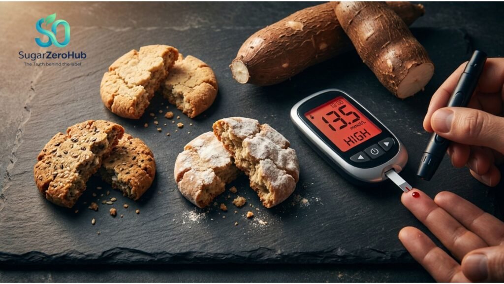 The Gluten-Free Trap: Why Cassava is a Hidden Danger for Your Blood Sugar Gluten-free cassava crackers next to a blood glucose monitor showing a high reading, illustrating the hidden blood sugar dangers of tapioca flour.