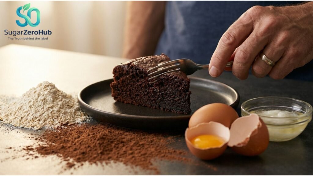 A detailed macro shot of a slice of fit chocolate oat cake and a senior man's hand holding a fork, surrounded by cocoa powder, eggs, and oat flour, illustrating a healthy men's health dessert.