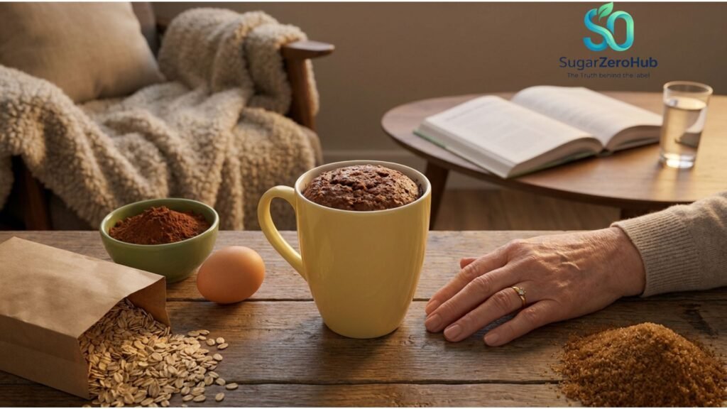 A close up vertical shot of a senior man's hand next to a dark mug containing a freshly baked functional cocoa-oat mug cake, illustrating an instant stress-relief ritual.