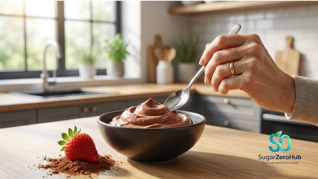 The 4-Ingredient No-Guilt Chocolate Strawberry "Nice Cream" for Weight Loss A close up vertical shot of a senior man's hand next to a dark bowl containing rich creamy dairy-free chocolate-strawberry nice cream on a sunlit kitchen table, served with a cup of coffee.