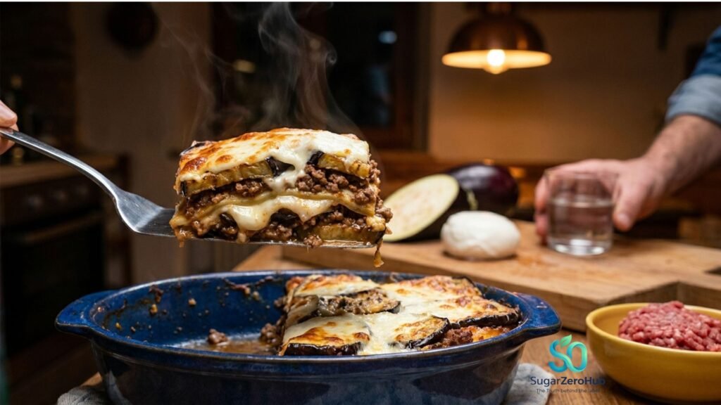 A close-up of a bubbling low-carb eggplant lasagna with melted cheese, showing healthy layers as a slice is being served.