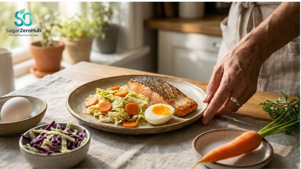 A healthy brain-power lunch with grilled salmon, sautéed cabbage with carrots, and a halved boiled egg on a ceramic plate.
