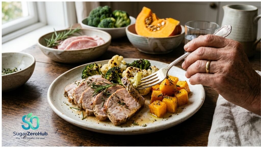 A healthy plate of roasted pork loin with broccoli, cauliflower, and pumpkin, shown with raw ingredients and a person's hand, illustrating a diabetes prevention meal.