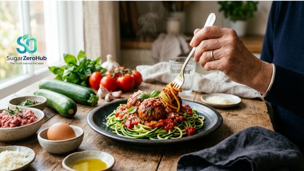 A healthy plate of savory meatballs and zucchini zoodles with homemade tomato sauce, shown with fresh ingredients and a person's hand.