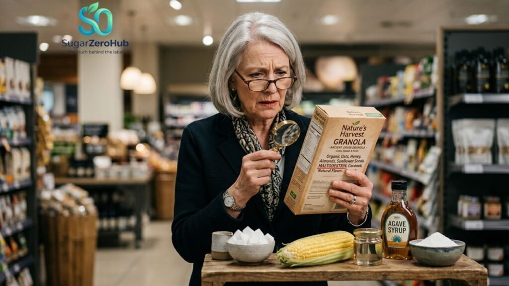 The Supermarket Trap: How "Healthy" Labels Hide Your Metabolic Enemies A senior woman with a magnifying glass examining an ingredient list on a package, looking alarmed at names like maltodextrin, surrounded by raw sugar enemies.