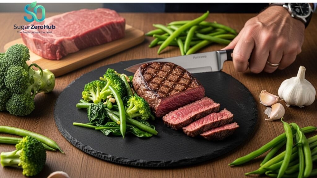 A healthy men's health meal featuring sliced beef steak with broccoli, green beans, and spinach, surrounded by fresh raw ingredients.