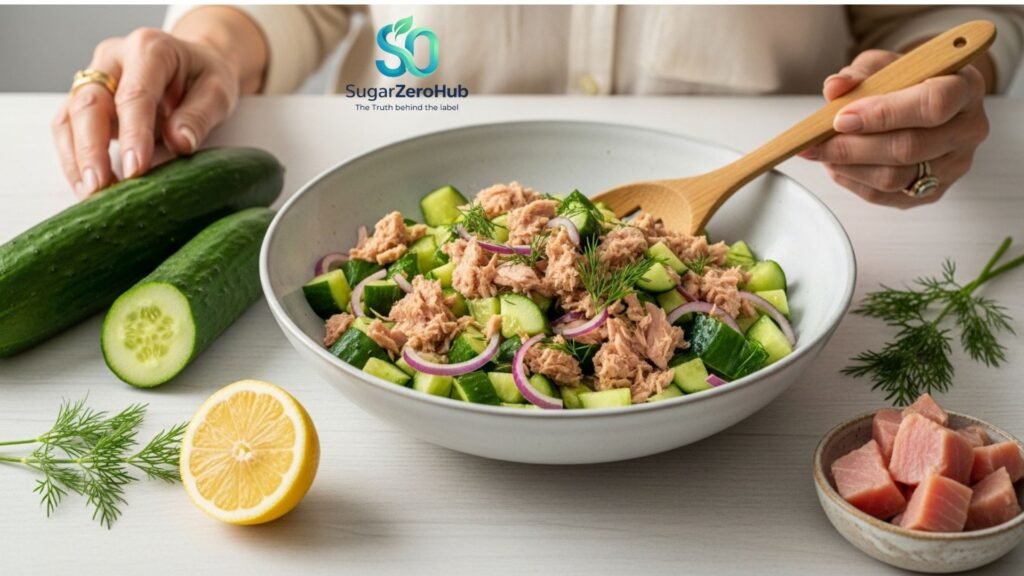 A refreshing bowl of cucumber tuna salad with a senior's hand and fresh raw ingredients, illustrating a stress-free healthy meal.