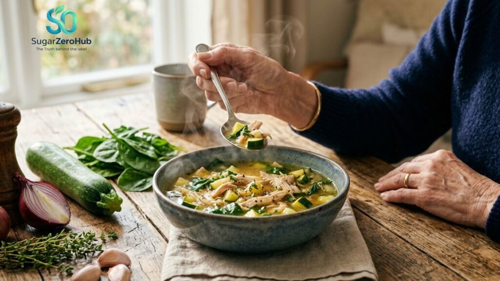 The Fat-Burning Zucchini & Chicken Soup for Effortless Weight Loss A steaming bowl of low-carb zucchini, spinach, and chicken soup, shown with a senior's hand and fresh raw vegetables, illustrating a healthy weight loss meal.