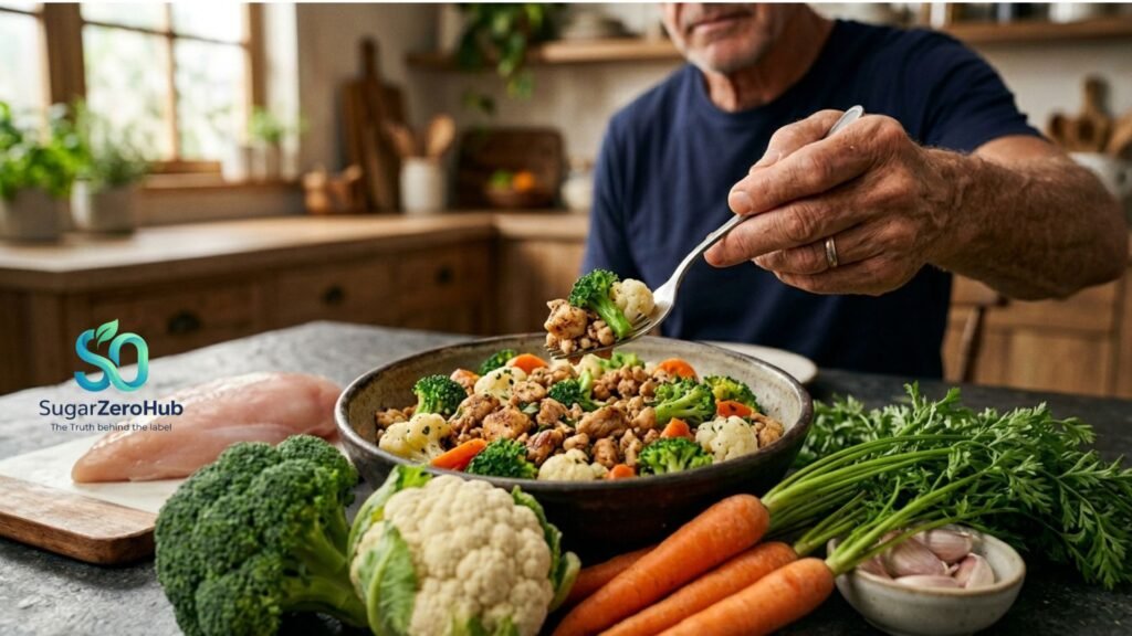 A high-protein meal of ground chicken and mixed vegetables in a bowl, surrounded by raw chicken, broccoli, carrots, and garlic.