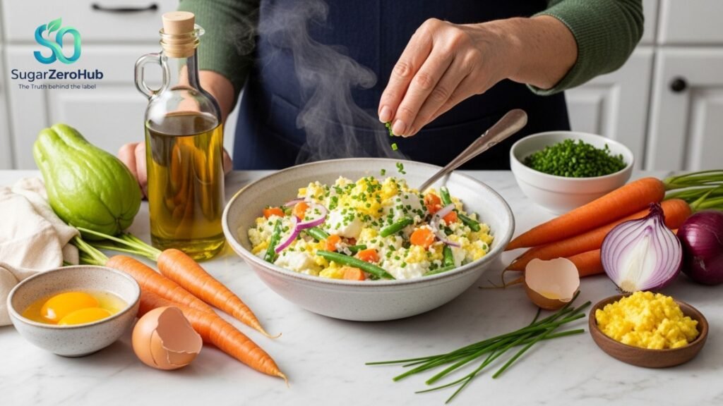 A healthy cognitive brain salad with eggs, green beans, and ricotta cream in a rustic bowl, surrounded by fresh raw ingredients like olive oil, carrots, and chayote.