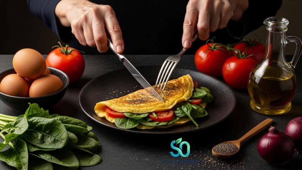 A healthy functional omelet with spinach and tomatoes on a dark plate, surrounded by raw ingredients like eggs, spinach, and chia seeds.
