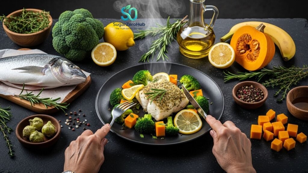 A roasted fish fillet with broccoli and low-starch pumpkin cubes on a dark plate, surrounded by raw ingredients like fresh broccoli, raw pumpkin, and olive oil.