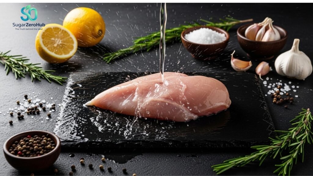 The Invisible Threat in Your Kitchen: Why Washing Chicken Is a Dangerous Mistake Raw chicken being washed under water on a dark slate, showing the danger of bacteria splashing, surrounded by lemons, garlic, and herbs.