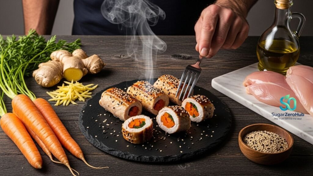 Healthy chicken rolls stuffed with carrots and ginger on a dark plate, surrounded by raw ginger, carrots, and sesame seeds.