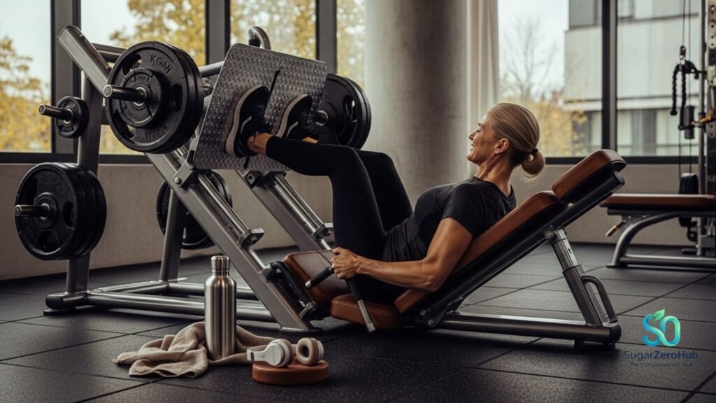 A senior woman executing a leg press exercise in a sophisticated gym, surrounded by premium recovery elements like arnica, organic cucumber, and sea salt, for stress and tension relief.