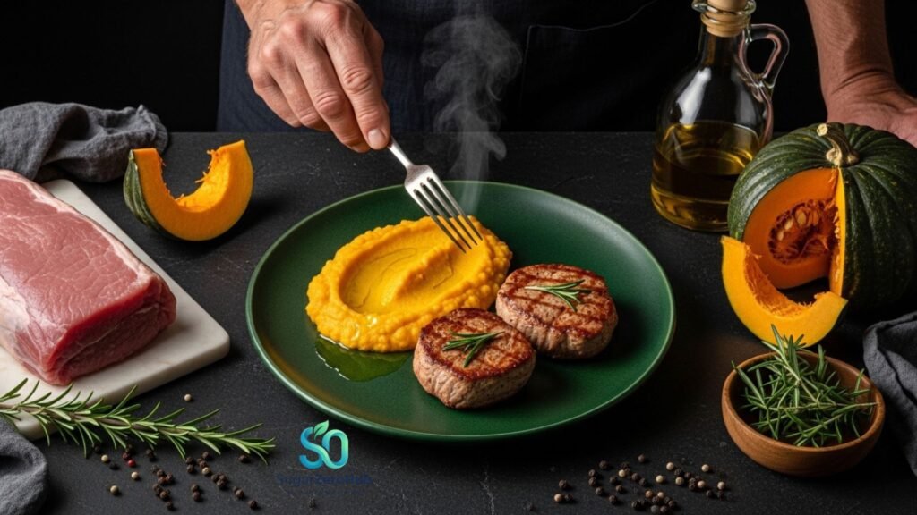 The Lean Pork & Roasted Pumpkin Mash: High-Protein Fuel for Sustainable Weight Loss Lean pork tenderloin medallions with roasted pumpkin mash on a dark plate, surrounded by raw pumpkin, rosemary, and olive oil.