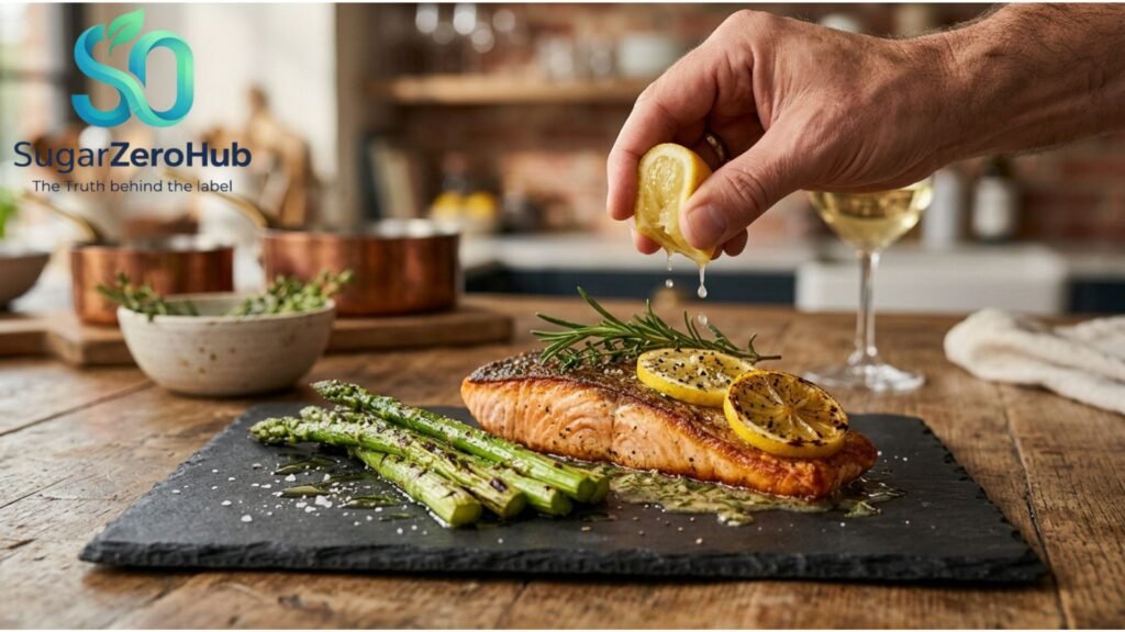 Pan-seared salmon with lemon and asparagus on a dark plate, showing healthy meal prep for glucose control.