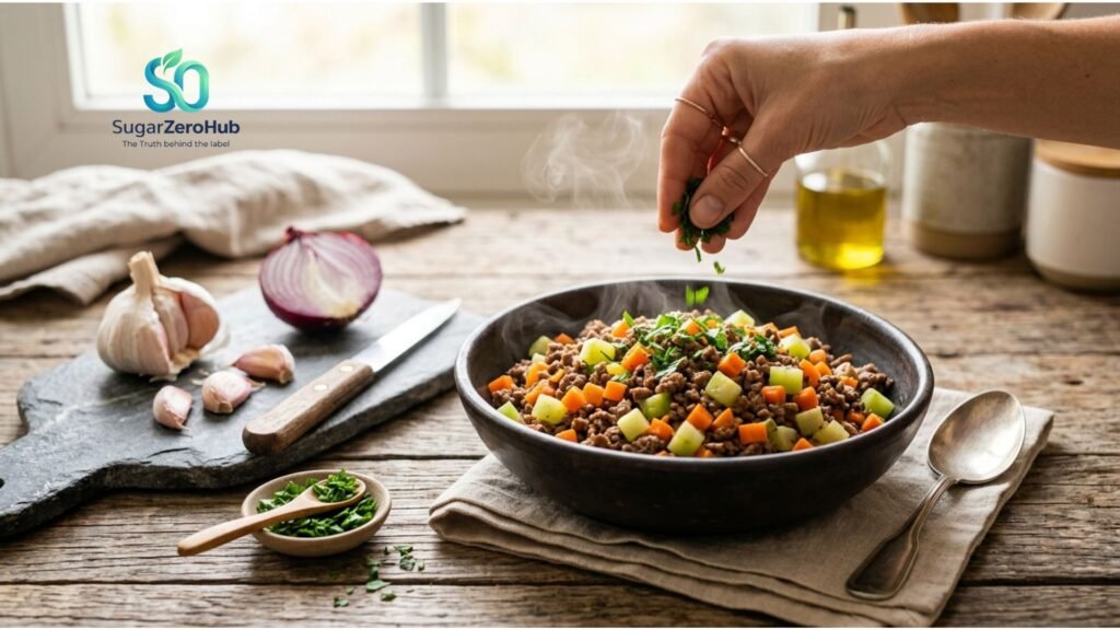A bowl of lean ground beef with carrots and chayote, a healthy sugar-free meal prep for glucose management.