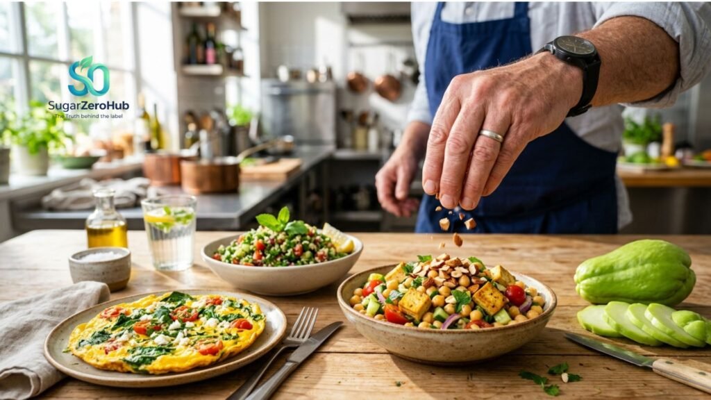 A healthy vegetarian meal with spinach omelet, chickpea salad, and chayote for diabetes prevention and pancreas health.